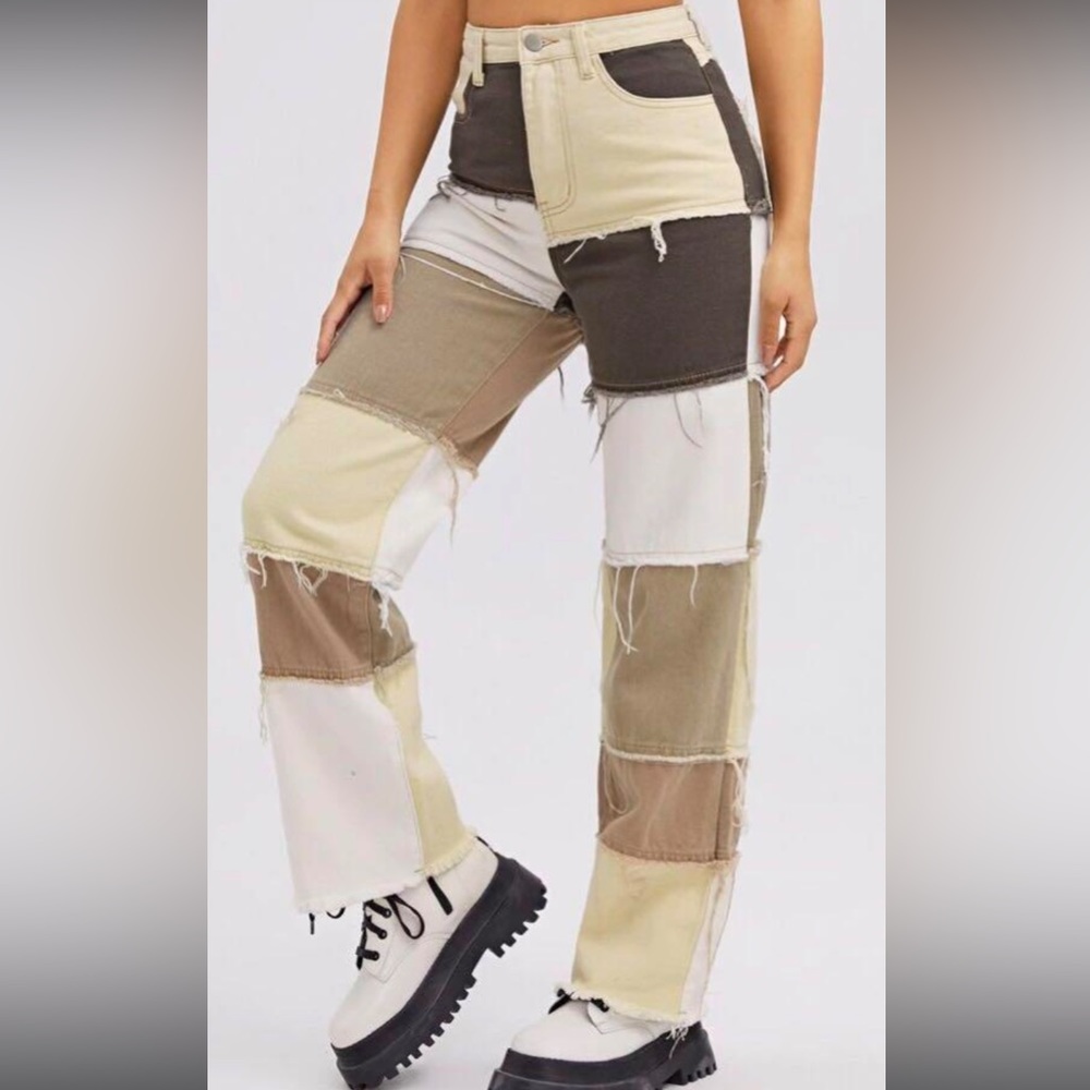 Frayed patchwork brown denim boyfriend jeans